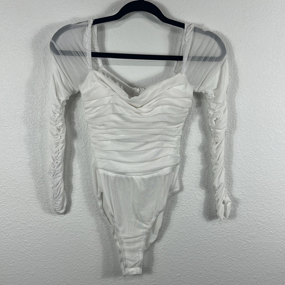 Hello Molly Bodysuit Devil Eye White Pleated Ruched‎ Long Sleeve Size Small 4